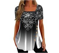 Tunic Tops for Women UK Sale Clearance,Retro Vintage Printed T Shirt Ladies Loose Casual Square Neck Shirts Short Sleeve Graphic Longline Top Summer Tee Tops Blouse Long Length Tunics for Leggings
