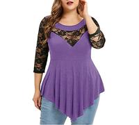 Tunic Women's Long Sleeve Unusual Quarter Lace Solid Flower Size O-Neck Asymmetrical Three Women Tops Blouse Plus Size Tops Women's Dress Sleeve Blouse, purple, 5XL