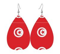 Tunisian flag Women's Teardrop Leather Earrings, Hook 925 Silver Plated, Holiday Accessories