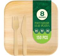 TUNITI 150 Pack Compostable Square Palm Leaf Dinnerware I 50 of 8'' Plates, 50 Knives and 50 Forks| Premium Disposable Plates Set I Heavy Duty Eco-Friendly Like Bamboo Disposable Plates