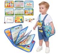 TUNJILOOL Montessori Busy Book - 10-Page Sensory Activity Board with Shoulder Strap & Wipeable Whiteboard, Travel Learning Toy for Fine Motor Skills