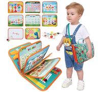 TUNJILOOL Montessori Busy Book - 10-Page Sensory Activity Board with Shoulder Strap & Wipeable Whiteboard, Travel Learning Toy for Fine Motor Skills