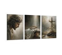 Tunka He Is Risen Poster Art Print Jesus with Crown of Thorns Vintage Portrait Resurrection Christian Inspiring Faith Wall Art Easter Decor Set Of 3 Frame 12x18inch(30x45cm)
