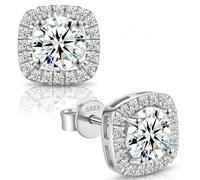 Tunzug Moissanite Halo Earrings Square 0.5-3ct 925 Sterling Silver 18K Gold Plated Friction Flat D Color VVS1 Clear Earrings for Men Women, 1.0 carats (0.5ct 5mm*2), Sterling Silver, Moissanite
