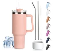 Tuocal 40oz Tumbler with Straw Lid and Handle + 2 Stainless Steel Straws + Silicone Boot, 1180 ml Double Wall Vacuum Insulated Cup, Car Coffee Mug, Travel Water Bottle for Hot Iced Coffee, Light Pink