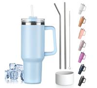 Tuocal 40oz Tumbler with Straw Lid and Handle + 2 Stainless Steel Straws + Silicone Boot, 1180 ml Double Wall Vacuum Insulated Cup, Car Coffee Mug, Travel Water Bottle for Hot Iced Coffee, Light Blue