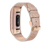 Tuocal Genuine Leather Strap Compatible with Fitbit Charge 3 / Fitbit Charge 4 Wristband, Adjustable Leather Strap for Fitbit Charge 3 / Fitbit Charge 4 Activity Tracker Women Men, Glitter Rose Gold