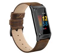 Tuocal Genuine Leather Strap Compatible with Fitbit Charge 5, Soft Breathable Replacement Sport Wristband for Women & Men, Retro Brown