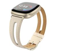Tuocal Leather Strap Compatible with Fitbit Versa 4 / Versa 3 Wristband/Sense Leather Wristband, Slim Soft Replacement Strap Compatible with Fitbit Versa 4 / Versa 3 / Sense Women Men, Ivory