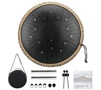 TUOKING Steel Tongue Drum 13 inch 15 Notes Rain Drum for Outside D Key with Lotus Design - Handpan Percussion Instrument for Meditation,Yoga,and Music Therapy,Gift for Beginners & Adults(Black)