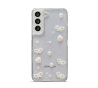 Tuokiou for Samsung Galaxy S22 Plus Clear Case Cute 3D Pearl Bow Knots Heart with Design Aesthetic Women Phone Case for Girls, Glitter Sparkle Back Shockproof Soft TPU Bumper Cover (Small Bowknot)
