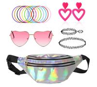 TUONYIS 17 Pcs 80s Fancy Dress for Women, 90s Neon Fancy Dress Costumes Accessories Set Bumbags Heart Glasses Bracelet Choker Earrings for 80s 90s Retro Disco Theme Party Cosplay (Colorful)