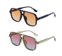 TUONYIS 2 Pack Retro Square Pilot Sunglasses for Women Men,Double Bridge Rectangle Sunglasses,Oversized 80s Pilot Sun Glasses Vintage Tinted Eyewear UV400 Protection for Driving Outdoor (Black,Green)