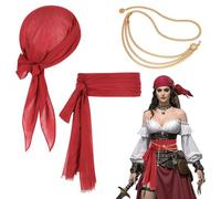 TUONYIS 3 Pcs Medieval Pirate Costume Accessory Set, Pirate Captain Costume Accessories Womens Pirate Costume Includes Pirate Bandana, Sash Belt and Waist Necklace for Halloween Party (Red)