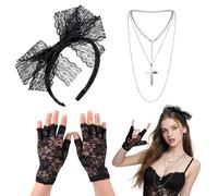 TUONYIS 3 Pieces 80s Fancy Dress for Women, 80s Fancy Dress Accessories,1980s Fancy Party Costume Accessories Set, Lace Headband Fishnet Gloves Necklace, Vintage for Retro Party (Black)
