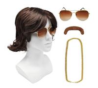 TUONYIS 4 Pcs 70s 80s Costume Wig Disco Hippie Set Brown Shaggy Mullet Funky Wig, Mustache, Glasses, Chain, Hippie Fancy Dress Accessories, for Rocker Singer Hip Pop Retro Cosplay Halloween (Brown)
