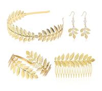TUONYIS 4 Pcs Gr oddess Costume Accessories Set, Fancy Dress Include Leaf Crown, Golden Laurel Leaf Hair Clips Headpiece, Earrings, Boho Armband, for Costume Parties and Weddings(Gold)