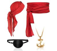 TUONYIS 4 PCS Pirate Costume Accessories Set,Vintage Captain PIrate ACcessories with Red pirate Bandana Belt,for Women Men Carnival Halloween Cosplay Party (Red)
