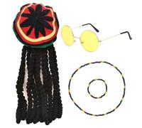 TUONYIS 4 Pcs Rasta Set, Reggae Costume Accessories, Caribbean Rasta Fancy Dress Set, Jamaican Braided Dreadlocks Wig, Yellow Glasses, Bracelet,Necklace, for Halloween Cosplay, Masquerade (Multicolor)