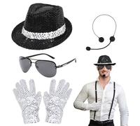 TUONYIS Costume Accessories Adults,Dances Cosplay Costume, King of Pop Fancy Dress Set with Sequin Hat Head Microphone Sunglasses Sequin Gloves,1980’s Rocker Star Sequin Costumes. (4pcs)