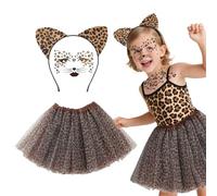 TUONYIS Leopard Costume Set, Leopard Ears Headband Face Sticker Tutu Skirt, Animal Costume Set for Kids Carnival Jungle Party Halloween Christmas Cosplay (Brown)
