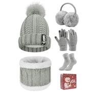 Tuopuda Knitted Hat and Scarf Set 5 PCS Winter Set,Plush Ear warmers Warm Knitted Scarf Beanie Hat and Touch Screen Gloves Set Women Thermal Socks for Skiing Hat Outdoor Sports(Grey-Gift Pack)