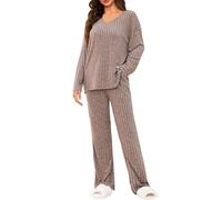 Tuopuda Womens 2 Piece Tracksuit Ladies Ribbed Loungewear Knit Outfits Pyjamas Set Nightwear Homewear V Neck Long Sleeve Jumpers and Wide Leg Trousers with Pockets(Khaki,M)