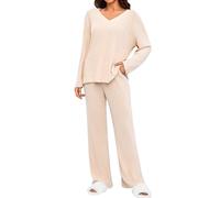 Tuopuda Womens 2 Piece Tracksuit Ladies Ribbed Loungewear Knit Outfits Pyjamas Set Nightwear Homewear V Neck Long Sleeve Jumpers and Wide Leg Trousers with Pockets(Beige,L)