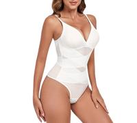 Tuopuda Women's Shaping Bodysuits Tummy Control Bodyshaper V Neck Seamless Waist Trainer Vest Sculpting Body Shaper Thong with Adjustable Straps(White,L)