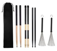 TUOREN Drum Sticks Set 1 Pair Classic Wood Drum Sticks 1 Pair Nylon Drum Sticks 1 Pair Retractable Drum Wire Brushes and 1 Pair Rods Drum Brushes set for Rock Band, Jazz Folk Drummer Playing (Black)