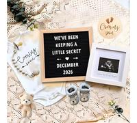 TUOWITA Pregnancy Announcement, Baby Announcements Ideas Set Include Felt Letter Board, Baby Onesie, Baby Booties, Photo Frame, Wooden Sign and Bear Plush, Baby Announcement Props Coming Soon Baby
