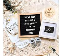 TUOWITA Pregnancy Announcement, Baby Announcements Ideas Set Include Felt Letter Board, Baby Onesie, Baby Booties, Photo Frame, Wooden Sign and Bear Plush, Baby Announcement Props Coming Soon Baby