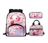 Tuoxiukan 3 Piece Girls Axolotl Backpack Set with Lunch Box and Pencil Case Cute Cherry Blossom Bookbag for Little Kids Toddler Kindergarten Children School Backpack 12 Inch