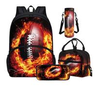 Tuoxiukan Fire Football Backpack for Boys 8-12 Middle School Bookbags 6th Grade Boys Backpack with Lunch Box and Pencil Case Water Bottle Holder 4 Pack Children Back Pack Daypack