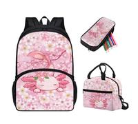Tuoxiukan Floral Axolotl Girls Backpack And Lunch Box Set Kindergarten Cherry Blossom Bookbag With Lunch Box and Pencil Case For Girls 5-7 17 Inch Stationery Daily Necessities Storage Bag