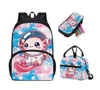 Tuoxiukan Girls Axolotl Backpack with Lunchbox and Pencil Case Set Astronaut Backpack for Kids Elementary School Boys Bookbag Zipper Pencil Pouch Bento Box Large Capacity Rucksack Children Gifts