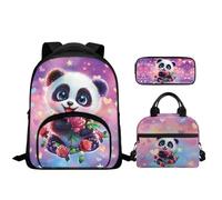 Tuoxiukan Panda Backpack for Girls with Lunch Box and Pencil Case 3 Pieces Rose Flower School Bookbag Little Girls 12 In School Bag with Front Compartment