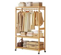 TUOYIBO Bamboo Coat Rack Stand Clothes Rail Garment Rack with Wheels Garment Rack with 3 Tiers Storage Shelves Organizer and One Top Rod for Hanging Clothes Bedroom Free Standing Coat Rack Open Ward