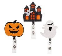 Tupalizy 3 Pack Halloween ID Badge Holders for Nurses Retractable Badge Reels with Swivel Alligator Clip for Doctors Teachers Students Name Cards Office Hospital Nursing School(Ghost, Castle, Pumpkin)