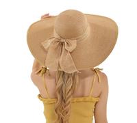 TUPANDY Womens Beachwear Sun Hat Wide Brim Summer Straw Hat Foldable Roll-Up Straw Beach Hat Summer Hat (Khaki)
