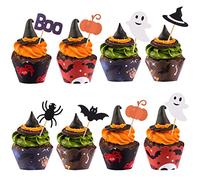 TUPARKA 30Pcs Halloween Cupcake Wrappers Halloween Cake Toppers Decorations Spider Pumpkin Ghost Hand Cake Decorations Supplies