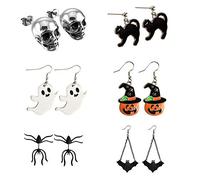 TUPARKA 6 Pairs Halloween Earrings, Pumpkin Skeleton Skull Head Bat Spider Ghost Black Cat Charm Ear Stud Earrings Jewelry Set Halloween Party Decorations