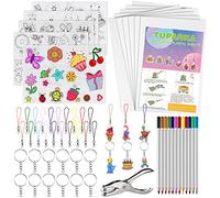 TUPARKA 60 Pieces Heat Shrink Plastic Sheet Kit, Including 10 Pieces Blank Shrink Film Paper and 5 Pieces Shrink Art Paper with Pattern, Punch, Keyring, Pencils