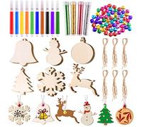 TUPARKA 60pcs Christmas Wooden Ornaments Unfinished Wooden Slices with Twine,Colorful Bells,Flashing Powder,Watercolor Pen for for Kids DIY Crafts Christmas Hanging Decoration