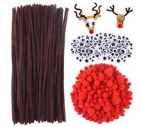 TUPARKA 650 Pcs Christmas Reindeer DIY Craft Set, Including 70 Brown Pipe Cleaners, 320 Googly Eyes, 260 Red Pom Poms, Red Noses