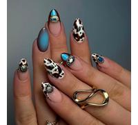 Tupenofif Press On Nails, 24 Pieces Long Almond Shape Stick-On Nails Cow Pattern Cow Print Turquoise Brown Western Cowboy Boho Animal Print French 3D Stones Soft Gel Reusable Manicure Set Fake Nails