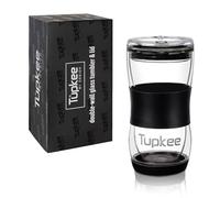 Tupkee 20 oz Double Wall Glass Tumbler With Lid - All Glass Reusable Insulated Hand Blown Glass Travel Mug - For Coffee, Tea, Boba, Iced Coffee, and Smoothie Cup To Go - Black, XL-20-BLACK