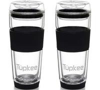 Tupkee Double Wall All Glass Tumbler - 14-Ounce, Reusable Insulated Tea/Coffee Mug & Lid, Hand Blown Glass Travel Mug - Black - 2 Pack