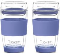 Tupkee Double Wall All Glass Tumbler - 8-Ounce, Reusable Insulated Tea/Coffee Mug & Lid, Hand Blown Glass Travel Mug - Jacaranda - 2 Pack