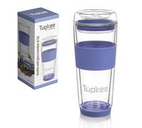 Tupkee Double Wall Glass Tumbler - 14-Ounce, All Glass Hand Blown Reusable Insulated Tea/Coffee Mug & Lid, Travel Mug - Jacaranda